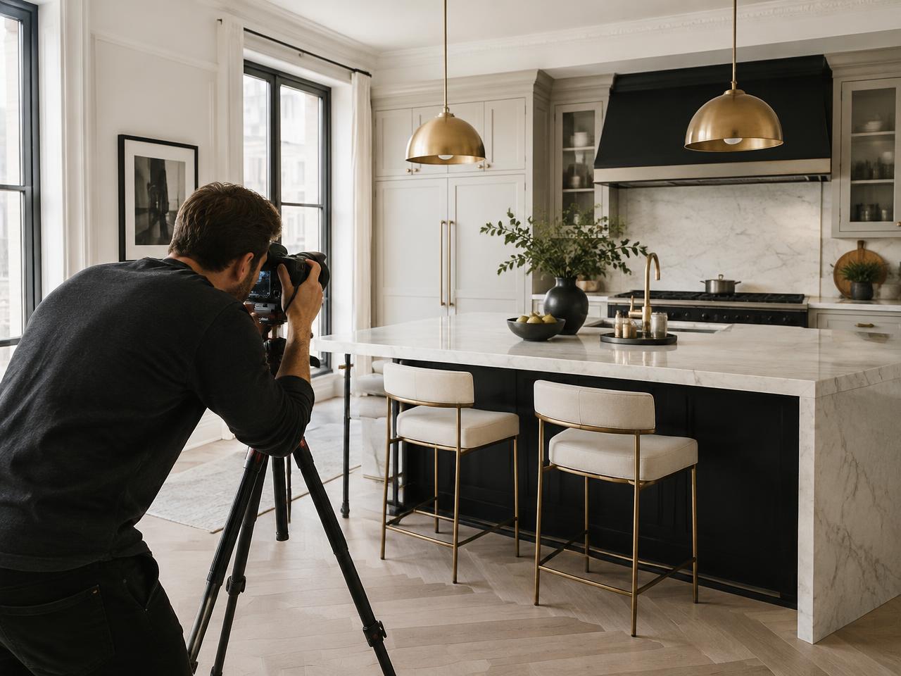 Photographe professionnel réalisant les photos d’un appartement